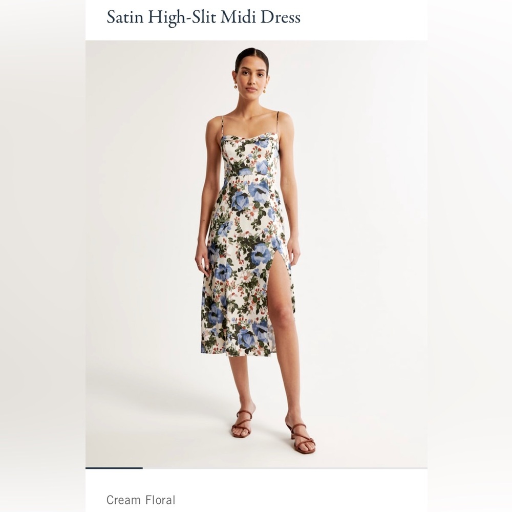 Abercrombie high slit midi dress cream blue floral Medium